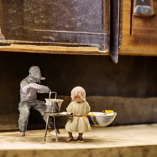 Prompt: macro photography focused on a miniature figure on a countertop. The background is the rest of the kitchen. The mid ground is a dramatic highway bridge that connects the vintage fridge to the counter. Award winning photo.