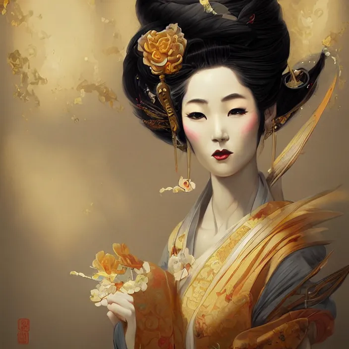 Image similar to asian geisha, by peter mohrbacher, intricate detail, artstation, artgerm, in the style of darkness fantasy, rococo, gold leaf art, rime lighting