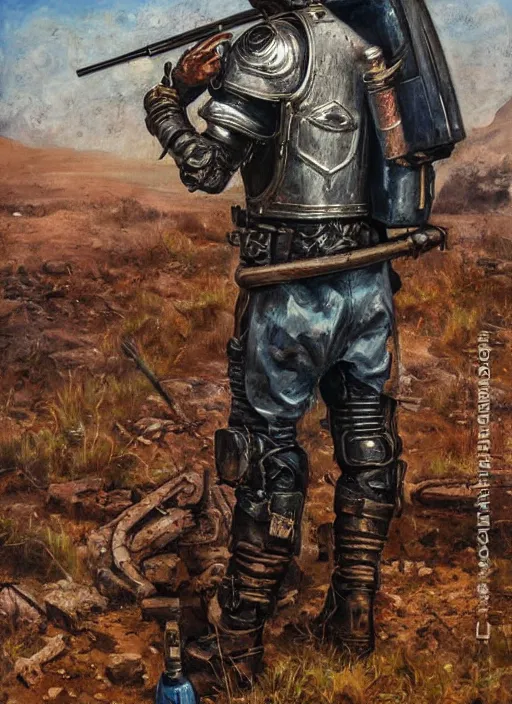 Image similar to a detailed painting of a man in post apocalyptic home made armour and a helmet holding a modified shotgun walking around a wasteland with a blue sky. hd. 1 9 5 0 s oil painting style.