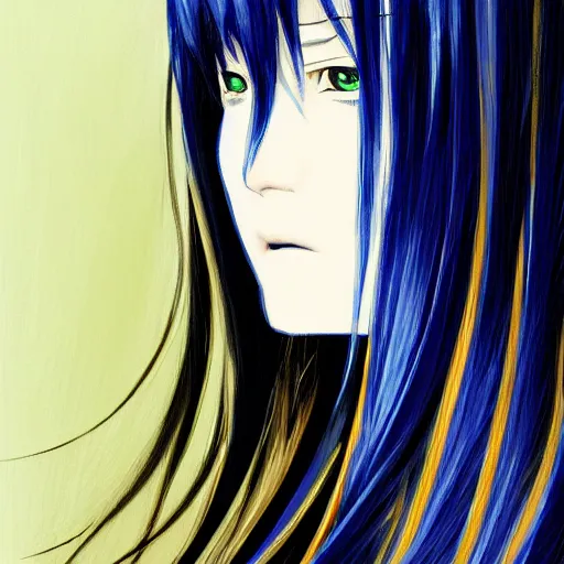 Image similar to profile shot of rimuru tempest, sky blue straight hair, long bangs, gold eyes, smug, wearing a black jacket with white stripes, high collar, ultra detailed, brush strokes, digital painting, cinematic, wlop, closeup, pixiv, color block, eerie, scary, yoshitaka amano, andy warhol, junji ito