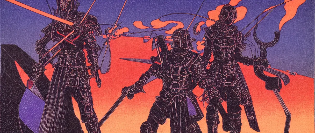 Prompt: composition of gothic and futuristic young man, warhammer, cyberpunk armor, activity with fight on katanas, scars, thunderstorm, blue head, fire eyes, some red and purple, the middle ages, highly detailed, artstation, in the style of moebius, jugendstil and classic japanese print, art by rene magritte and jean delville