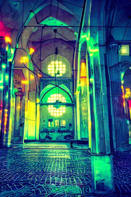 Prompt: neon streets of istanbul mosque, 4 k, award winning photo, cyberpunk style