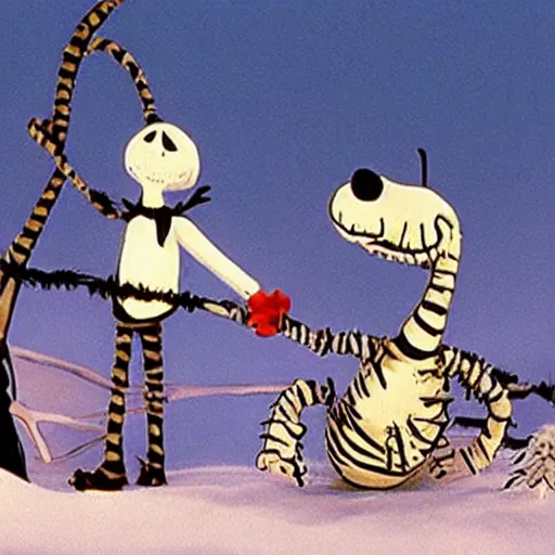 Image similar to a still of calvin and hobbes in nightmare before chrismas