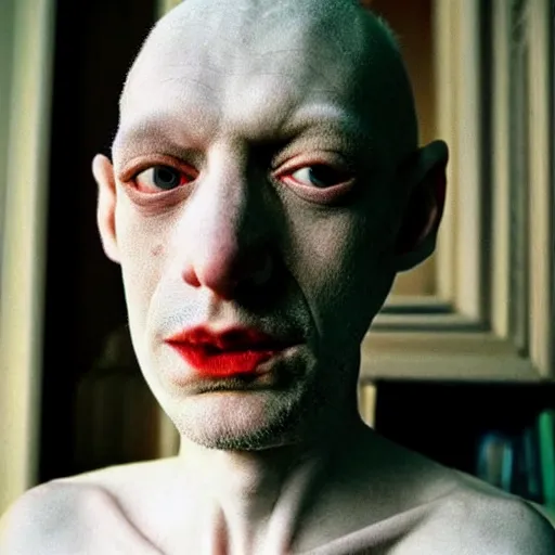 Image similar to color photo of albino weirdo philosopher man, shaved eyebrows, thin lips, jimmy durante nose, pale skin, realistic, high detail, high quality, award - winning lighting, trending on pinterest