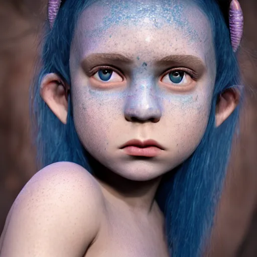 Image similar to a little blue-skinned girl with messy black hair sharp pointed ears freckles along the ridges of her cheeks, dnd triton, high resolution film still, 4k, HDR colors