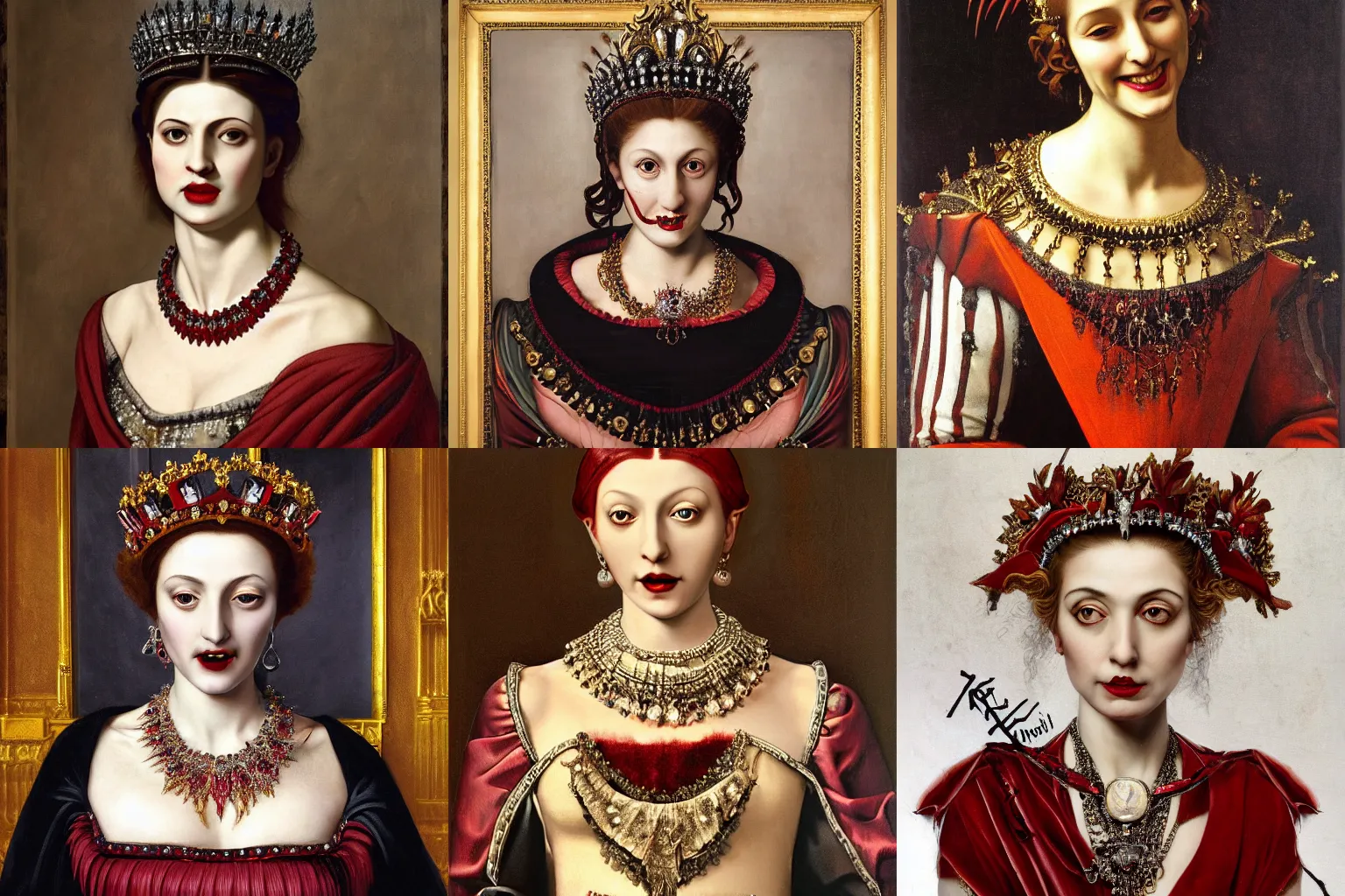 Image similar to A extremely highly detailed majestic hi-res beautiful head and shoulders painting of a beautiful bloody vampire woman with fangs wearing a long royal red silk dress, the crown jewels is on her head and around her neck is a ornate golden necklace decorated with diamonds and rupees and she is smiling wickedly by Michelangelo Merisi da Caravaggio, high detail, hyperrealistic, photorealistic, octante render, cinematic, high textures, royaltly, royal, hyper sharp, 4k insanely detailed and intricate, hypermaximalist, 8k, hyper realistic, super detailed, 4k HDR hyper realistic high,