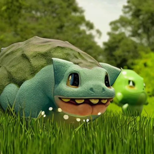 Image similar to hyperrealistic national geographic professional photo of bulbasaur pokemon with william defoe face, award winning