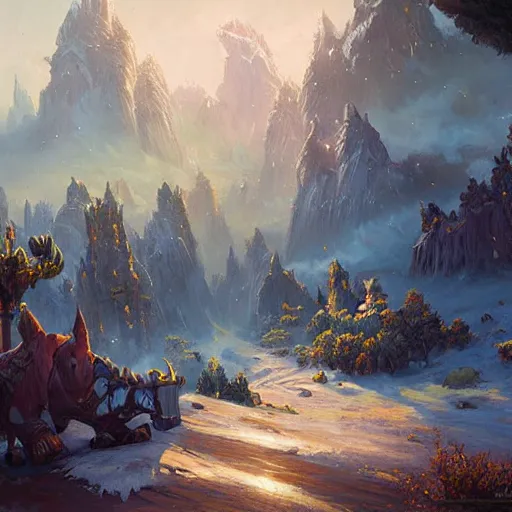 Image similar to world of warcraft landscape, oil painting, by greg rutkowski