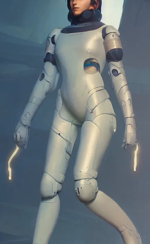 Image similar to sci fi female character, muted colored bodysuit, sci-fi large mech boots that go up to the thigh, soft lighting, wojtek fus, by Makoto Shinkai and Ilya Kuvshinov,