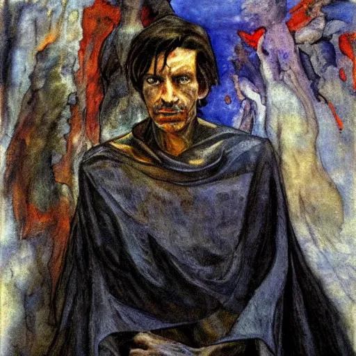 Image similar to comics sandmanin a cloak by Neil Gaiman, in style The Demon Seated, by Mikhail Vrubel, oil painting, art gallery, art museum, small details, whole-length, hyperrealism, black cloak, very detailed face, very detailed torso,