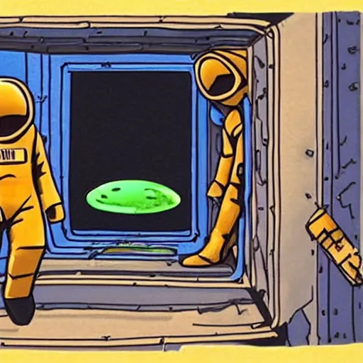 Image similar to an interior movie set made entirely of cardboard duct tape of an alien space ship, there's a window which is a poorly rendered jpeg of space, the astronauts are wearing blocky cardboard spacesuits, and the alien is a cardboard stand hastily colored in with crayon, photorealistic