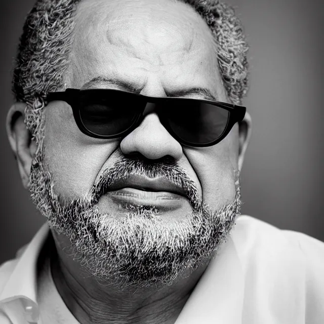 Prompt: a black and white studio portrait of Luiz Inácio Lula da Silva Lula wearing sunglasses. art photography.