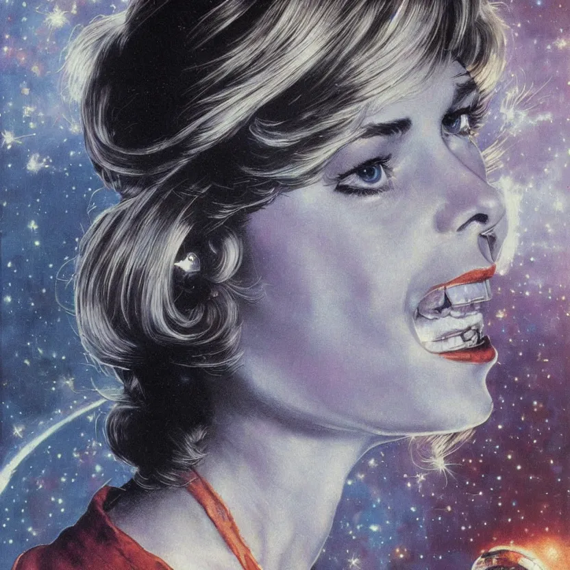 Prompt: close - up portrait of retrofuturistic young jane fonda in space. reflective detailed textures. soft gloomy dark background. highly detailed fantasy science fiction painting by moebius, norman rockwell, frank frazetta, and syd mead. rich colors, high contrast. artstation