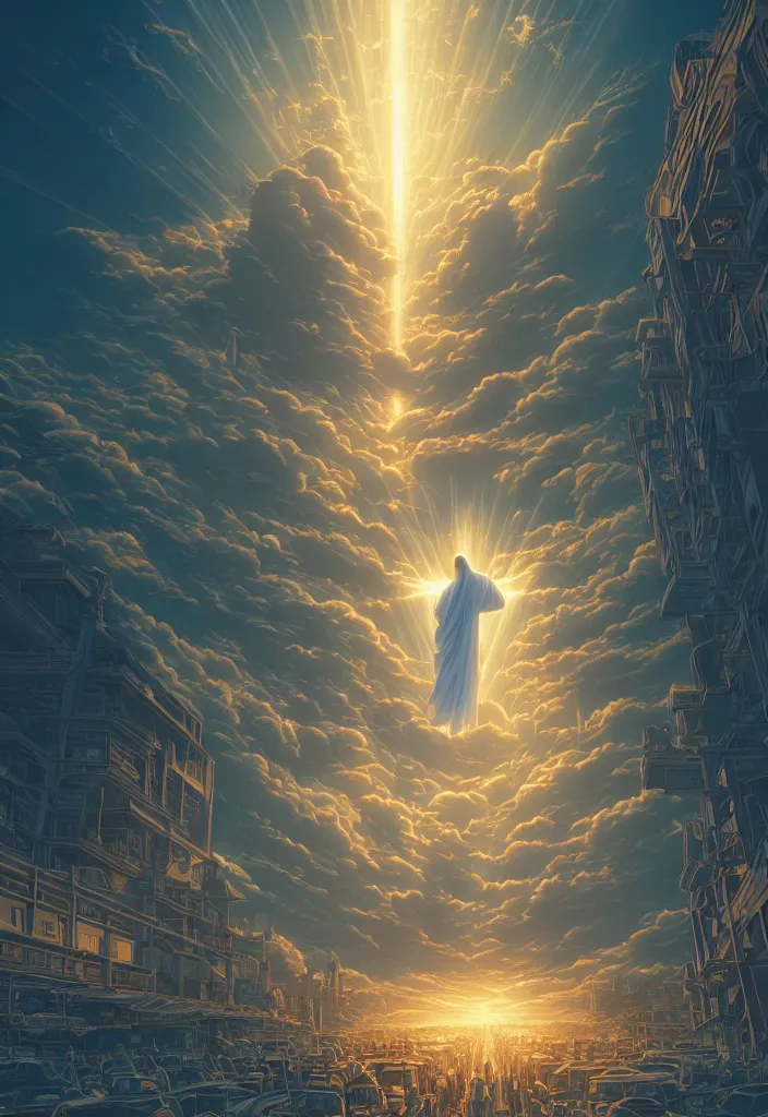 Image similar to the second coming of jesus by dan mumford, yusuke murata, makoto shinkai, ross tran, cosmic, heavenly, god rays, intricate detail, cinematic, 8 k, cel shaded, unreal engine, featured on artstation, pixiv