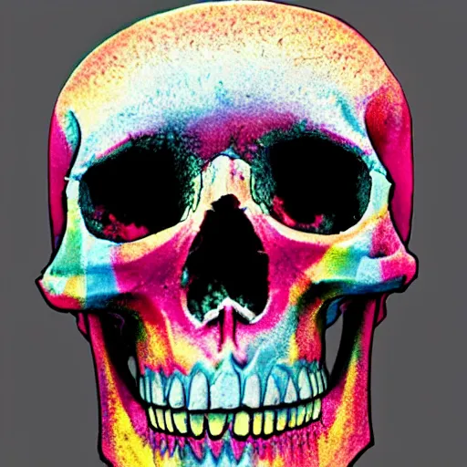 Prompt: a colorful skull full of paterns slowly dissappearing into the air