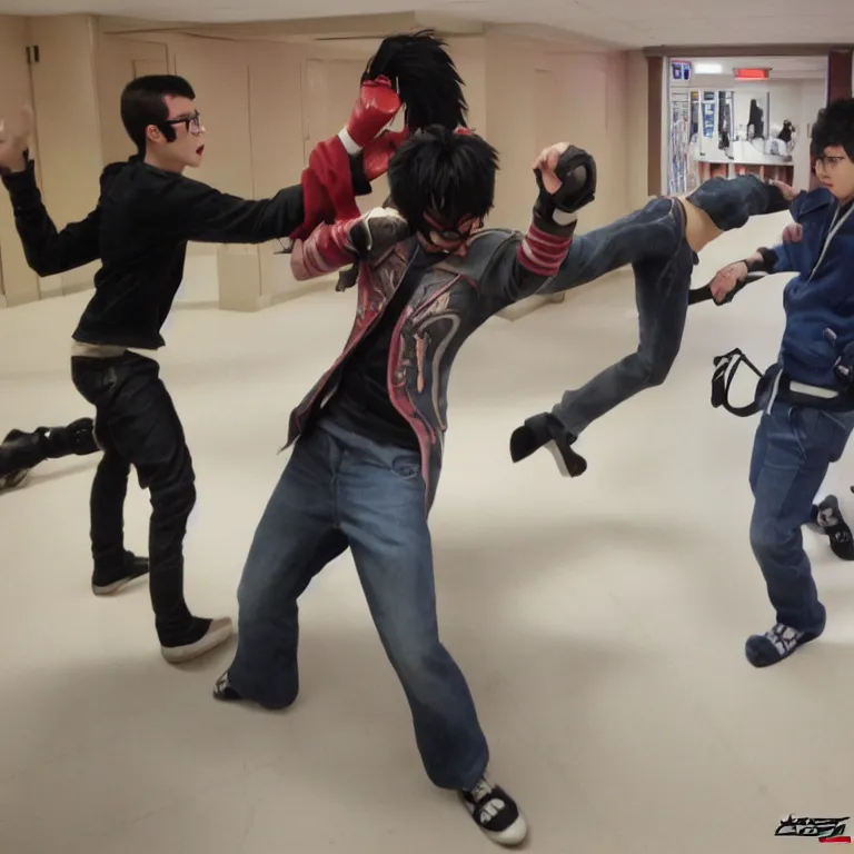 Prompt: Two nerdy geeks first fighting in a Tekken styled psx high school hallway. Bonus rage mode enabled.