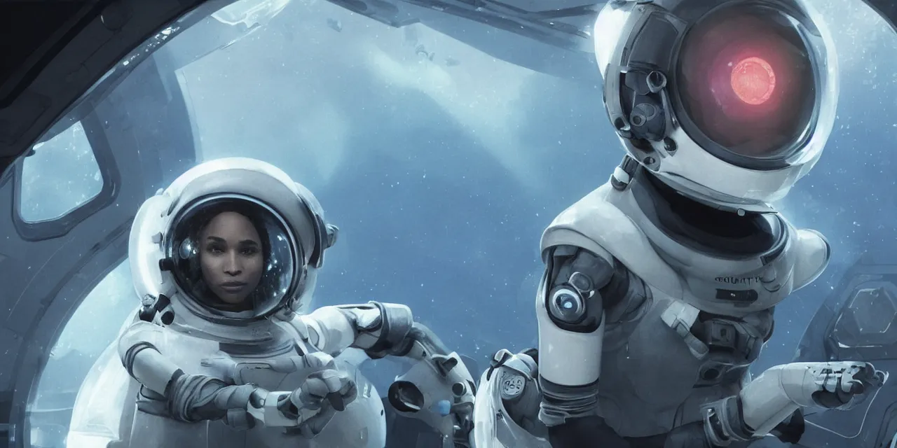 Image similar to Zoe Kravitz with short hair as a futuristic astronaut, outside large window of ship, helmet with clear HUD shield and led lights, underwater in the ocean at night, dark water, volumetric lighting, glowing lights, 4k, octane, digital painting, artstation, concept art, sharp focus, illustration, high contrast, high saturation , cinematic film still, art by artgerm and greg rutkowski and alphonse mucha , wide angle view,
