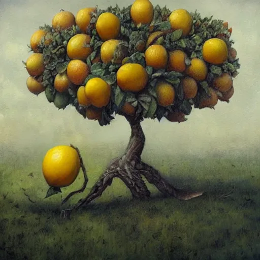 Prompt: an oil painting of a lemon tree by esao andrews. circa survive album cover art. dark. muted colors. gothic. oil painting with brush strokes. creepy.