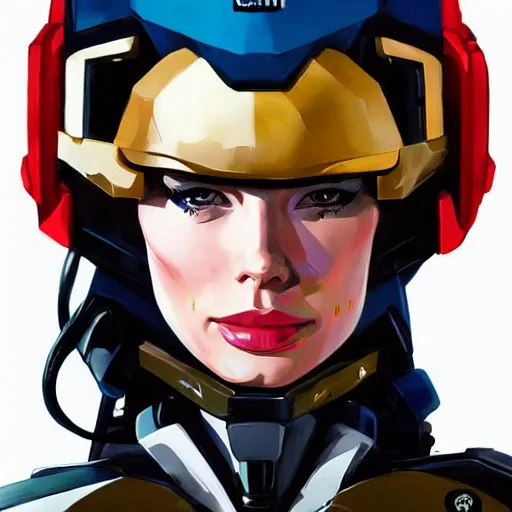 Image similar to a portrait of a stunning beautiful elite lena headey gundam pilot, with an intricate, detailed, urban inspired hiphop afro futuristic helmet, vector behance hd jesper ejsing, rhads, makoto shinkai, lois van baarle, ilya kuvshinov, rossdraws, hd, 3 2 k, ilya kuvshinov, gustav klimt