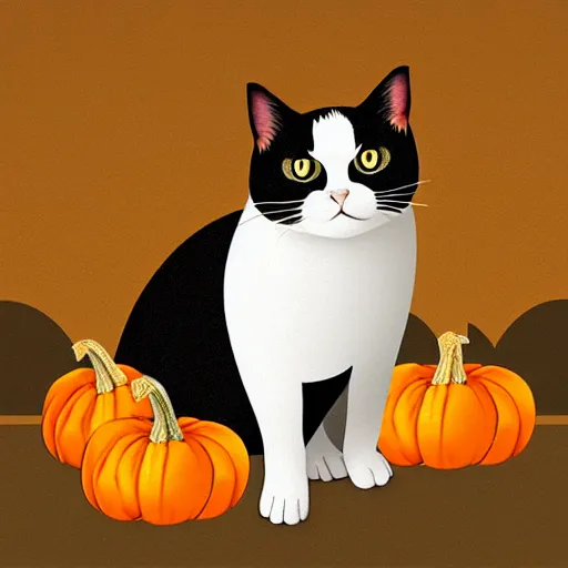 Image similar to a chubby black shorthair cat with white whiskers sitting in a pumpkin patch at night, digital art