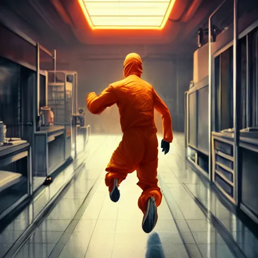 Prompt: a man in an orange jumpsuit running through a laboratory,digital art,art by greg rutkowski,ross tran,artstation,deviantart,photorealistic,hyperdetailed,detailed face,dramatic,cinematic,high quality,studio photograph