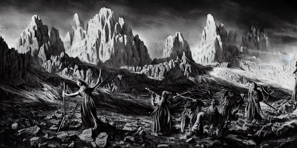 Image similar to photography of witch burning, dolomites in the background, occult signs, witch burning, pyre, solstice fire, alp, dolomites, alpine, detailed intricate insanely detailed octane render, 8k artistic 1920s photography, photorealistic, black and white, chiaroscuro, hd, by David Cronenberg, Raphael, Caravaggio