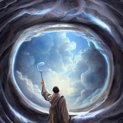 Image similar to a detailed mate painting of god looking down on earth through a hole in the clouds'by stephanie law, existential horror, trending on cgsociety artstation, highly detailed, 8 k, masterpiece, super resolution.