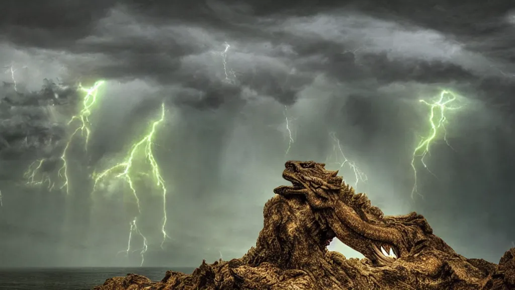 Image similar to falcor close - up, the long bodied luck dragon, looking for atreyu, looking down at the shoreline in a epic thunderstorm. the neverending story. cinematic still matte eighties hdri upscale rutkowski cinema still