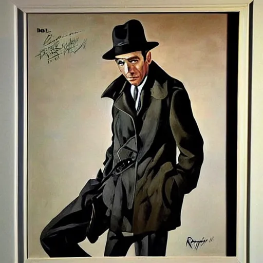 Image similar to “painting of Humphrey bogart as 1940s private eye, in trench coat and hat, noir atmosphere, by Robert McGinnis”