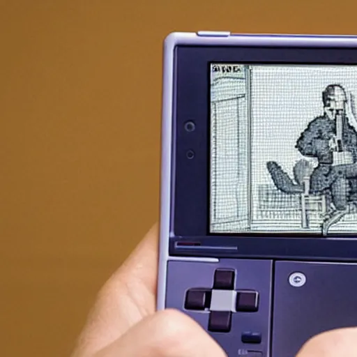 Prompt: a hand holding a nintendo DS, on the screen of the Nintendo DS is a 8bit photo of Mozart Writing a piece on a piece of paper.