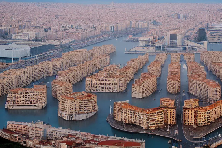 Image similar to views of catastrophic barcelona's agbar tower covered with high water, global warming, floating cars, sunset lighting, photo real