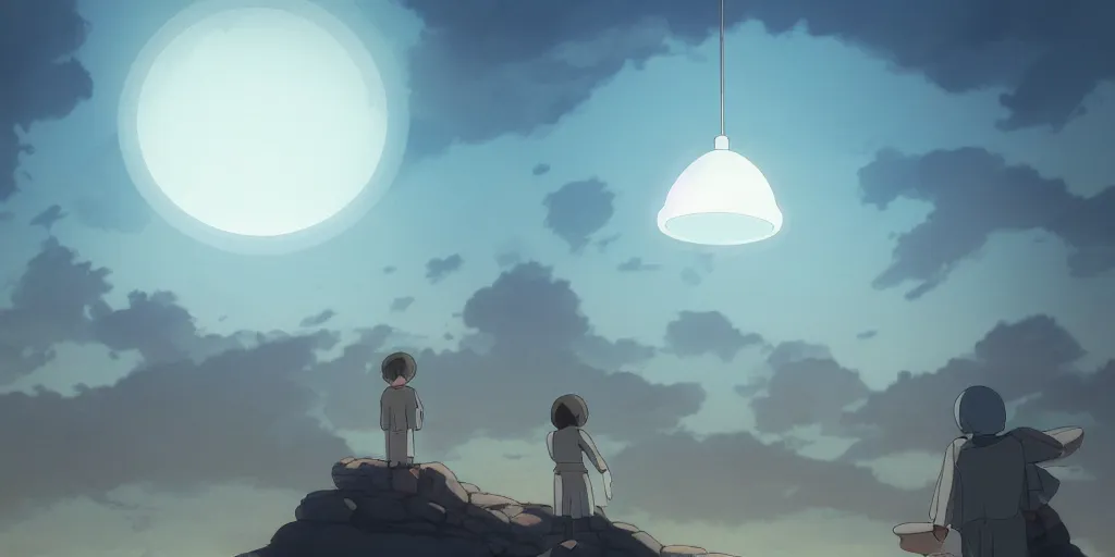 Prompt: an asymmetrical cell - shaded studio ghibli concept art study of a giant silver hovering ufo shining a spotlight on a middle eastern merchant. very dull colors,, hd, 4 k, hq