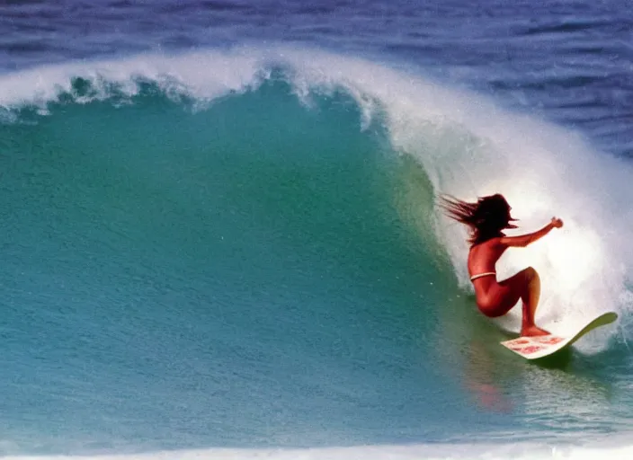 Image similar to color photo of a surfergirl riding a big wave in the 8 0's. shark fin in the water