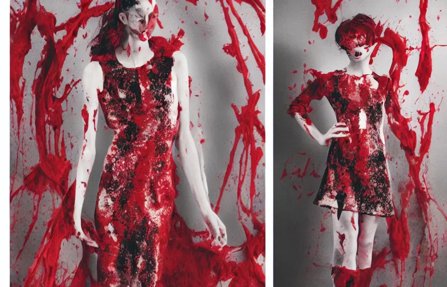 Prompt: dress out of blood, catalogue photograph