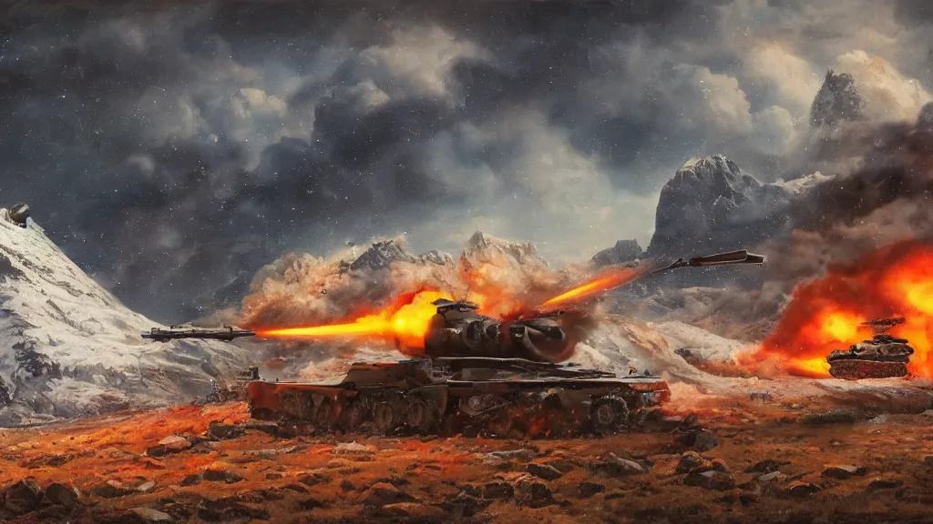 Image similar to snowy mountain, second world war fighting against ufo, aliens, tanks, jet fighters, missiles, with anti aircraft guns, with fire and smoke in the background by eugene von guerard, ivan shishkin, dramatic lighting, concept art, trending on artstation, 8 k