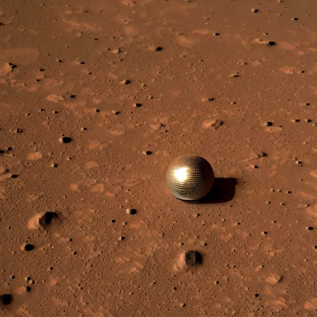 Prompt: a disco ball resting on the surface of mars, disco ball on mars, photograph, color photo