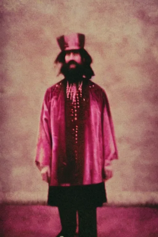 Prompt: vintage aged analog portrait of a beautiful pale Grigori Rasputin, the Imperial Russia in the background, pink tones, red color bleed, sunshine, film grain