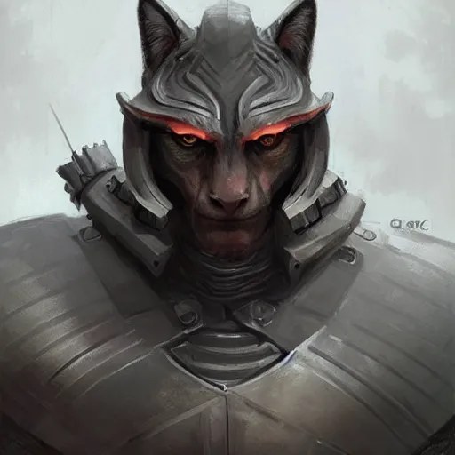 Image similar to Portrait of a humanoid feline man by Greg Rutkowski, hard predatory look, pointed ears, prominent jaw and visible fangs, wearing a futuristic space tactical gear that looks like a mix between the samurai, viking and templar aesthetics, mix between tribal and hi-tech, highly detailed portrait, scifi, space opera, digital painting, artstation, concept art, smooth, sharp foccus ilustration, Artstation HQ