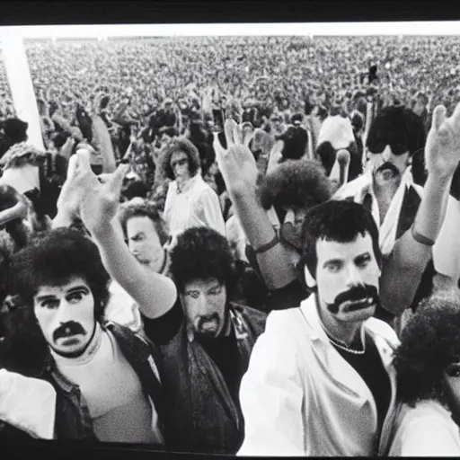 Image similar to a still photo taken from backstage of Live Aid in 1985. Queen the band is on the stage. Freddy Mercury can be seen from behind