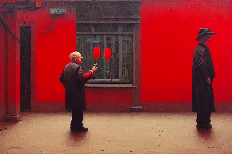 Image similar to only with red, a red old man try to sell a portrait, in a square, crowd cheering, in the style of beksinski, parts by edward hopper, parts by rodcenko, parts by yue minjun, intricate and epic composition, red by caravaggio, insanely quality, highly detailed, masterpiece, red light, artstation, 4 k