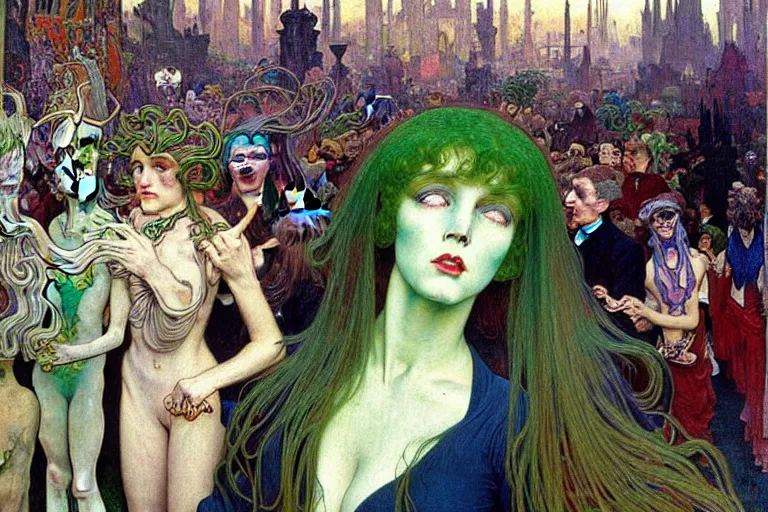 Prompt: realistic extremely detailed portrait painting of a dressed ghost girl with green hair in a crowded sci-fi city street, very detailed crowd by Jean Delville, Amano, Yves Tanguy, Alphonse Mucha, Ernst Haeckel, Edward Robert Hughes, Roger Dean, rich moody colours, blue eyes