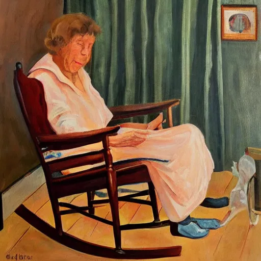 Image similar to painting in the zandinsky style of a grandmother sitting in a rocking chair, surrounded by her grandchildren, while she tells them a story