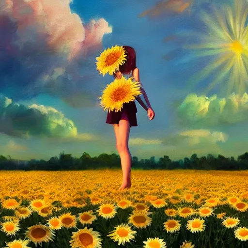 Image similar to head and face made of giant daisies, girl standing barefoot in a flower field, holding flowers, surreal photography, sunrise dramatic light, impressionist painting, colorful clouds, large sky, digital painting, artstation, simon stalenhag, flower face