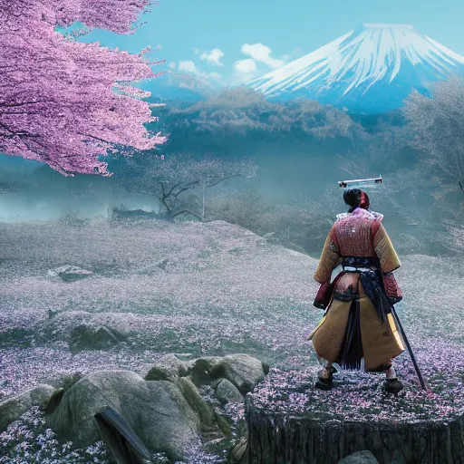 Image similar to highly detailed samurai with katana standing in ruined Japanese village, cherry blossom trees, mountains in background, epic, photorealistic, 8k octane render