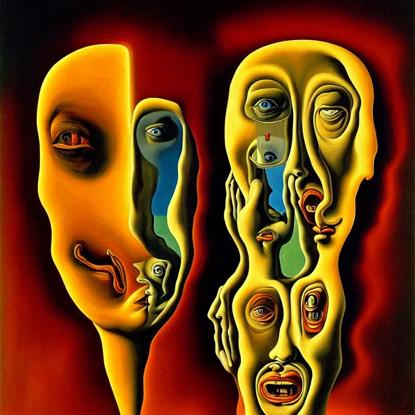 Image similar to a face coming out of a face coming out of a face, recursion, surreal, by salvador dali and max ernst, oil on canvas, weird, dreams, fantasy, soft lighting, warm colors