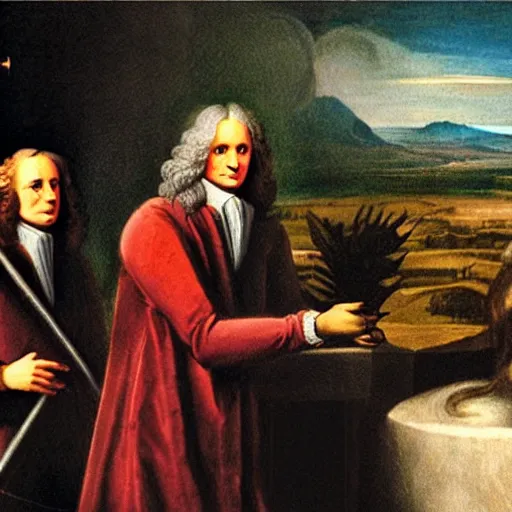 Prompt: isaac newton discovering pink floyd ( 1 6 6 0 )