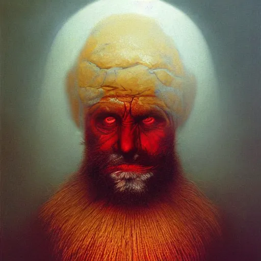 Prompt: Angry Bearded Miner portrait, dark fantasy, red and gold, artstation, painted by Zdzisław Beksiński and Wayne Barlowe