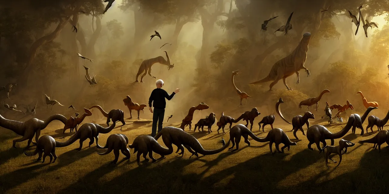 Image similar to old man sitting on wood chair and herding a herd of small dinosaurs in an alternate prehistoric past, in steam punk style, very high details, raytracing, back light, raymarching, by ilm, by digital domain, by weta digital