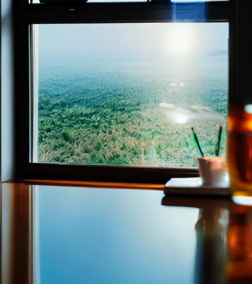 Prompt: a 4 k photorealistic photo of a bottle on a desk infront of a window. good reflections.