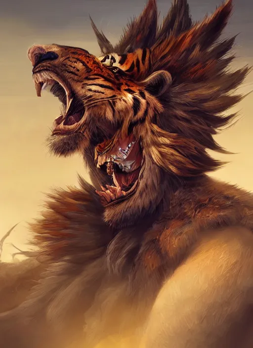 Image similar to a highly detailed illustration of a fierce tribal warrior wearing a tiger mane hat, heroically screaming into the sky pose, muscular, intricate, elegant, highly detailed, centered, digital painting, artstation, concept art, smooth, sharp focus, league of legends concept art, WLOP